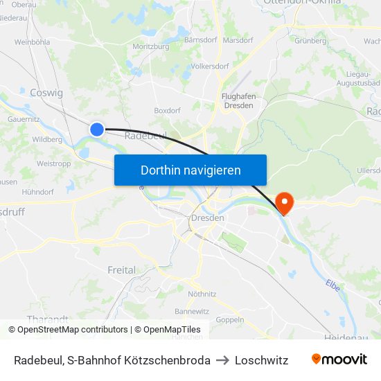 Radebeul, S-Bahnhof Kötzschenbroda to Loschwitz map