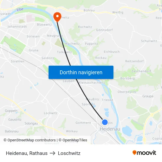 Heidenau, Rathaus to Loschwitz map