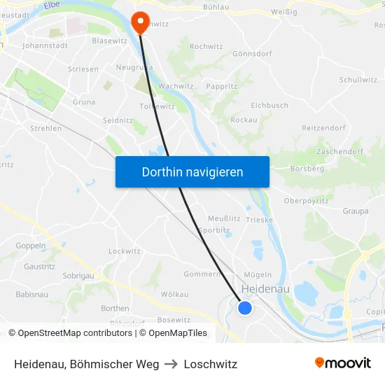 Heidenau, Böhmischer Weg to Loschwitz map