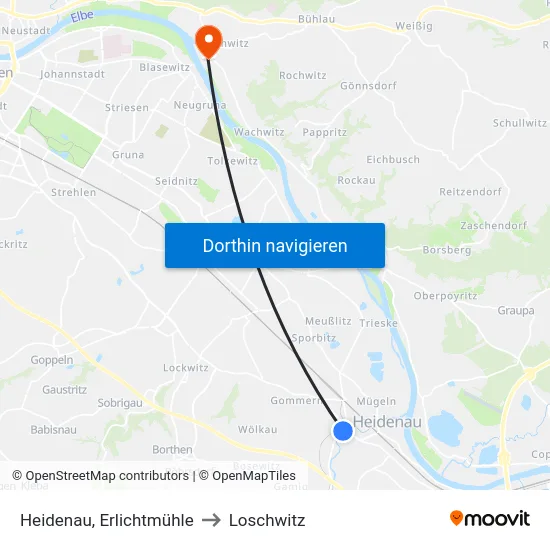 Heidenau, Erlichtmühle to Loschwitz map