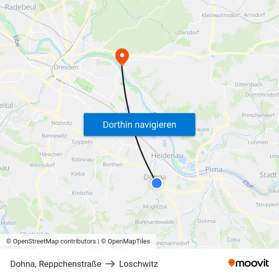 Dohna, Reppchenstraße to Loschwitz map