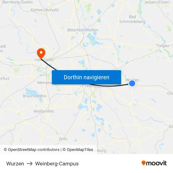 Wurzen to Weinberg-Campus map