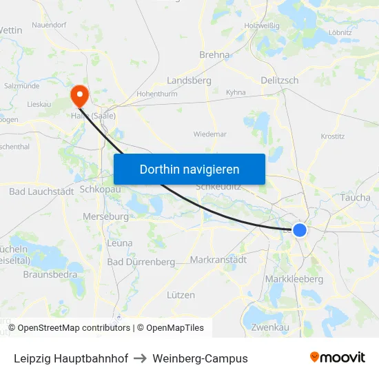 Leipzig Hauptbahnhof to Weinberg-Campus map