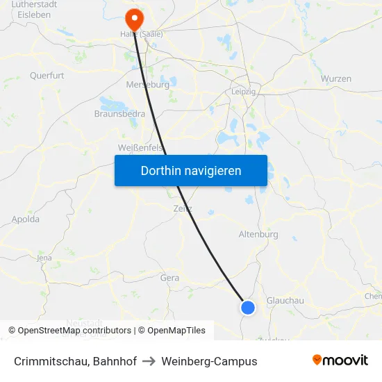 Crimmitschau, Bahnhof to Weinberg-Campus map