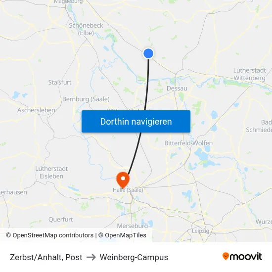 Zerbst/Anhalt, Post to Weinberg-Campus map