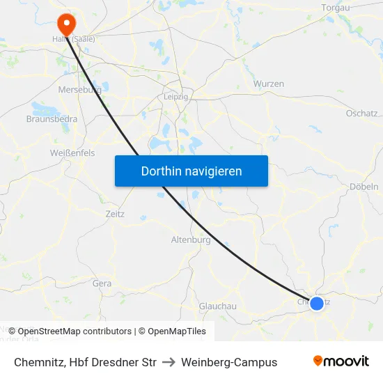 Chemnitz, Hbf Dresdner Str to Weinberg-Campus map