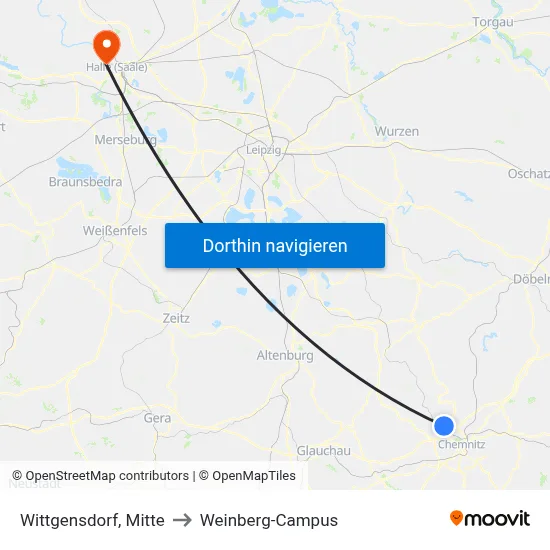 Wittgensdorf, Mitte to Weinberg-Campus map