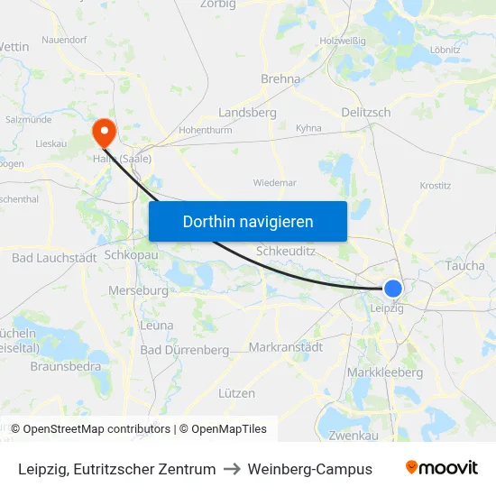 Leipzig, Eutritzscher Zentrum to Weinberg-Campus map