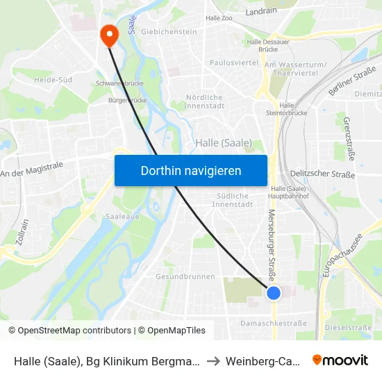 Halle (Saale), Bg Klinikum Bergmannstrost to Weinberg-Campus map