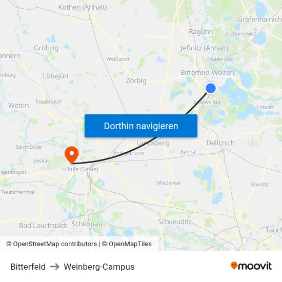 Bitterfeld to Weinberg-Campus map