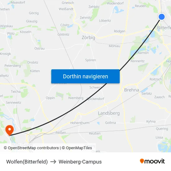 Wolfen (Bitterfeld) to Weinberg-Campus map