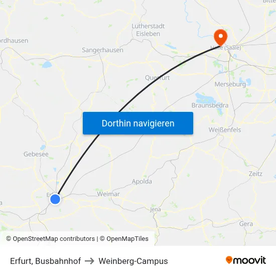 Erfurt, Busbahnhof to Weinberg-Campus map