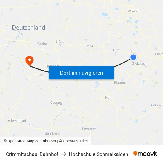 Crimmitschau, Bahnhof to Hochschule Schmalkalden map