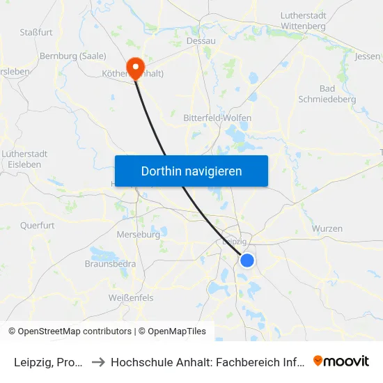Leipzig, Probstheida to Hochschule Anhalt: Fachbereich Informatik & Sprachen map