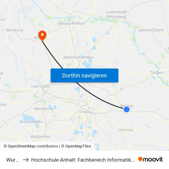 Wurzen to Hochschule Anhalt: Fachbereich Informatik & Sprachen map