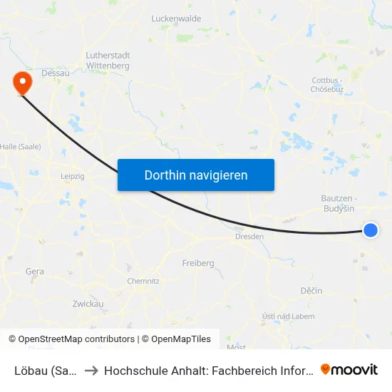 Löbau (Sachsen) to Hochschule Anhalt: Fachbereich Informatik & Sprachen map