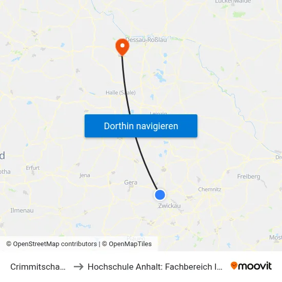 Crimmitschau, Bahnhof to Hochschule Anhalt: Fachbereich Informatik & Sprachen map
