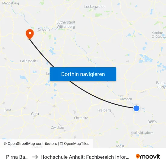 Pirna Bahnhof to Hochschule Anhalt: Fachbereich Informatik & Sprachen map
