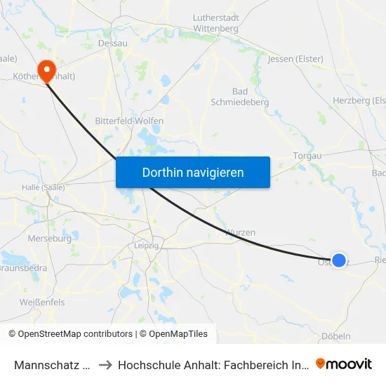 Mannschatz (Oschatz) to Hochschule Anhalt: Fachbereich Informatik & Sprachen map