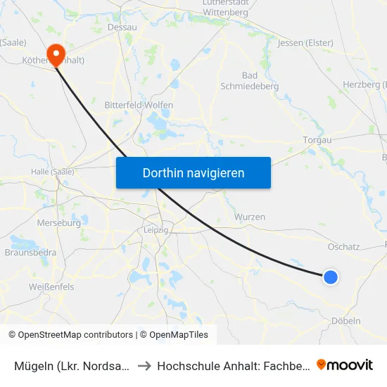 Mügeln (Lkr. Nordsachsen), Bahnhof (Bus) to Hochschule Anhalt: Fachbereich Informatik & Sprachen map