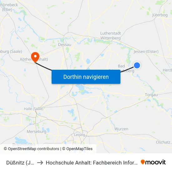 Düßnitz (Jessen) to Hochschule Anhalt: Fachbereich Informatik & Sprachen map
