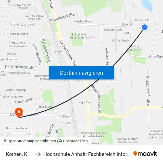 Köthen, Kaufland to Hochschule Anhalt: Fachbereich Informatik & Sprachen map