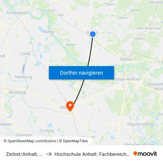 Zerbst/Anhalt, Wolfsbrücke to Hochschule Anhalt: Fachbereich Informatik & Sprachen map