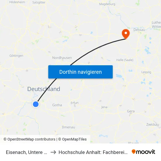 Eisenach, Untere Kasseler Straße to Hochschule Anhalt: Fachbereich Informatik & Sprachen map