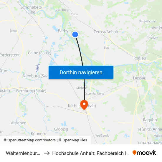 Walternienburg, Hauptstr. to Hochschule Anhalt: Fachbereich Informatik & Sprachen map