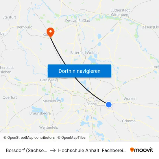 Borsdorf (Sachsen), Leipziger Str. to Hochschule Anhalt: Fachbereich Informatik & Sprachen map