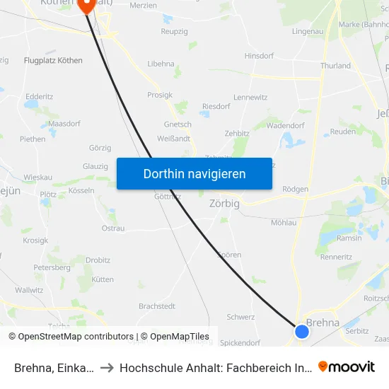 Brehna, Einkaufscenter to Hochschule Anhalt: Fachbereich Informatik & Sprachen map