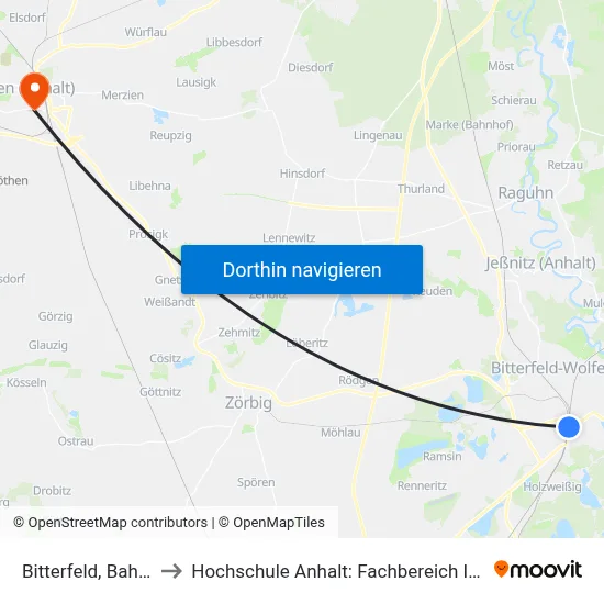Bitterfeld, Bahnhof (Bus) to Hochschule Anhalt: Fachbereich Informatik & Sprachen map