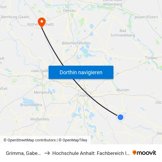 Grimma, Gabelsbergerstr. to Hochschule Anhalt: Fachbereich Informatik & Sprachen map