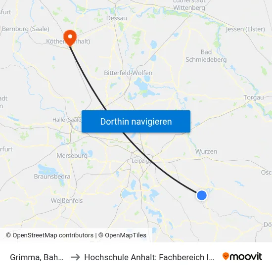 Grimma, Bahnhof (Bus) to Hochschule Anhalt: Fachbereich Informatik & Sprachen map