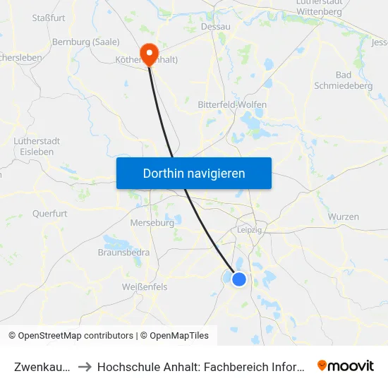 Zwenkau, Nord to Hochschule Anhalt: Fachbereich Informatik & Sprachen map