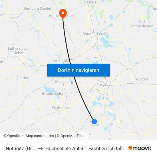 Nöthnitz (Groitzsch) to Hochschule Anhalt: Fachbereich Informatik & Sprachen map