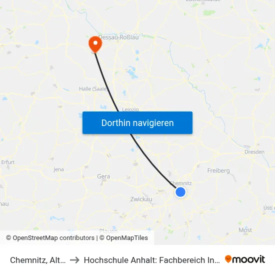 Chemnitz, Altchemnitz to Hochschule Anhalt: Fachbereich Informatik & Sprachen map