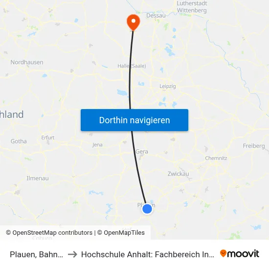 Plauen, Bahnhof Mitte to Hochschule Anhalt: Fachbereich Informatik & Sprachen map