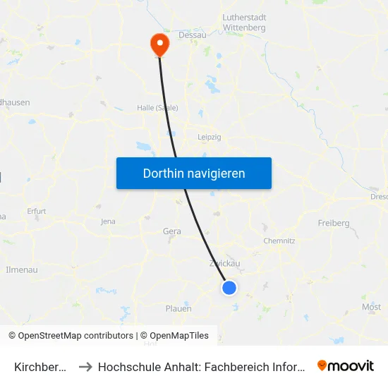 Kirchberg, Post to Hochschule Anhalt: Fachbereich Informatik & Sprachen map