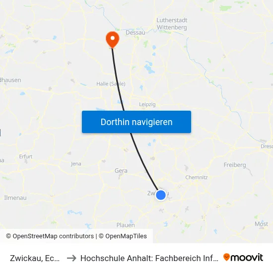 Zwickau, Eckersbach to Hochschule Anhalt: Fachbereich Informatik & Sprachen map