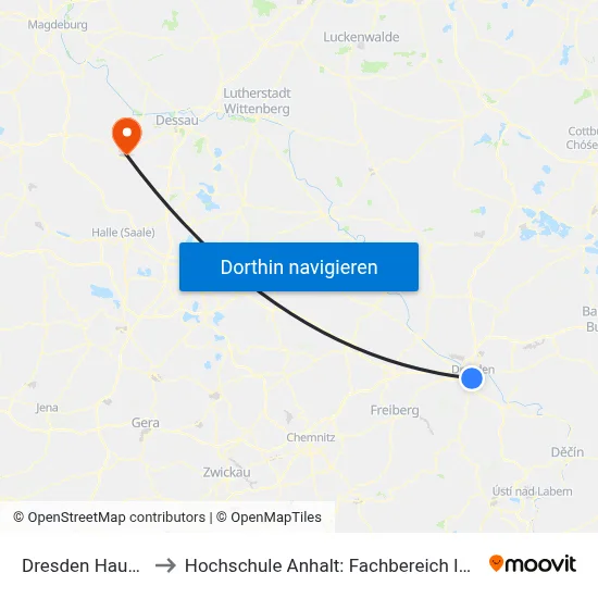 Dresden Hauptbahnhof to Hochschule Anhalt: Fachbereich Informatik & Sprachen map