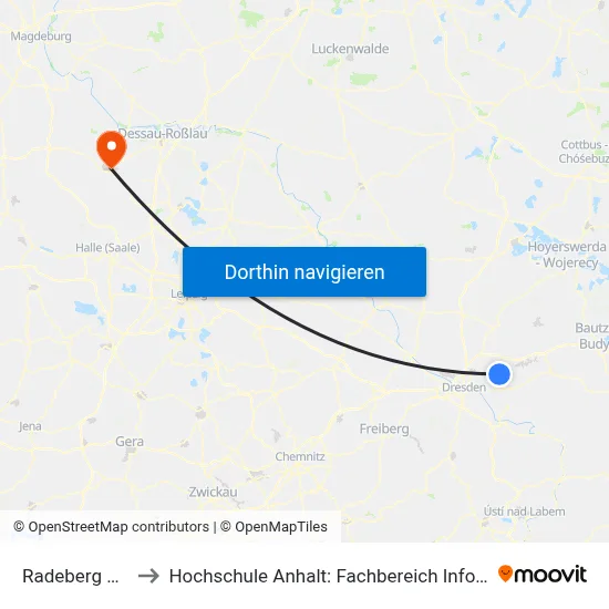 Radeberg Bahnhof to Hochschule Anhalt: Fachbereich Informatik & Sprachen map