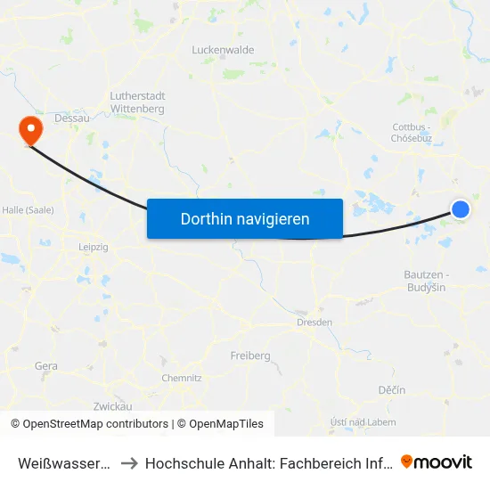 Weißwasser Bahnhof to Hochschule Anhalt: Fachbereich Informatik & Sprachen map