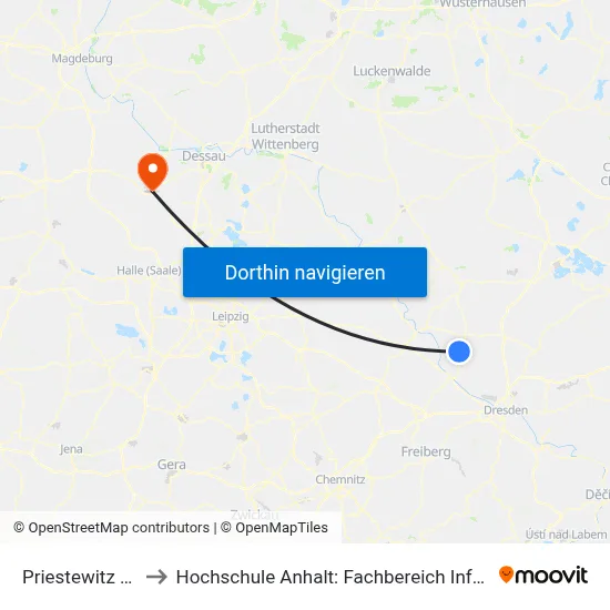 Priestewitz Bahnhof to Hochschule Anhalt: Fachbereich Informatik & Sprachen map