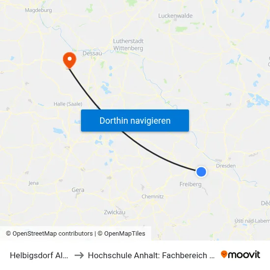 Helbigsdorf Alter Bahnhof to Hochschule Anhalt: Fachbereich Informatik & Sprachen map