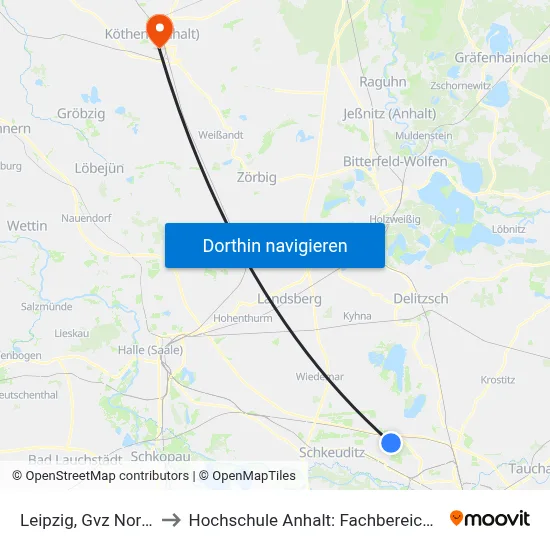 Leipzig, Gvz Nord/Sattlerweg to Hochschule Anhalt: Fachbereich Informatik & Sprachen map