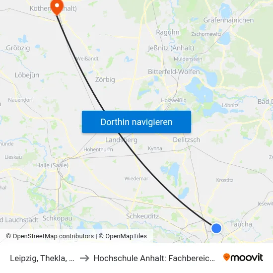 Leipzig, Thekla, Tauchaer Str. to Hochschule Anhalt: Fachbereich Informatik & Sprachen map