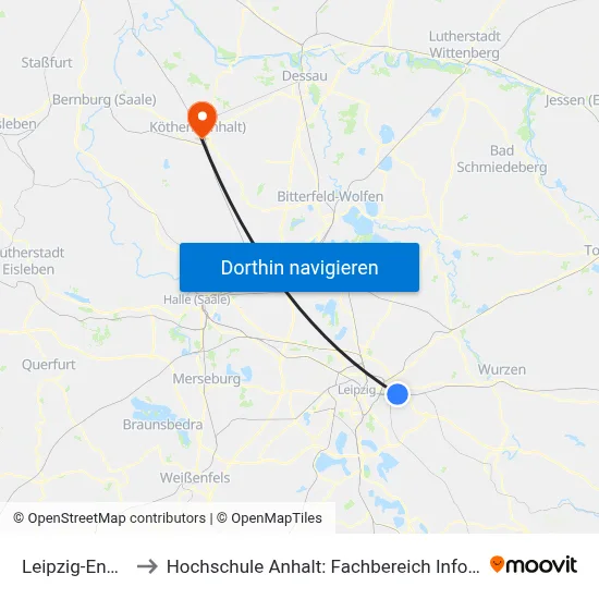 Leipzig-Engelsdorf to Hochschule Anhalt: Fachbereich Informatik & Sprachen map