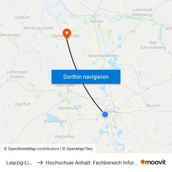 Leipzig-Lindenau to Hochschule Anhalt: Fachbereich Informatik & Sprachen map