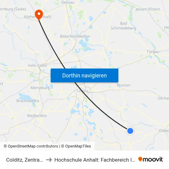 Colditz, Zentralhaltestelle to Hochschule Anhalt: Fachbereich Informatik & Sprachen map